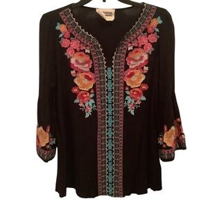 Savanna Jane Black Top with Floral Embroidery